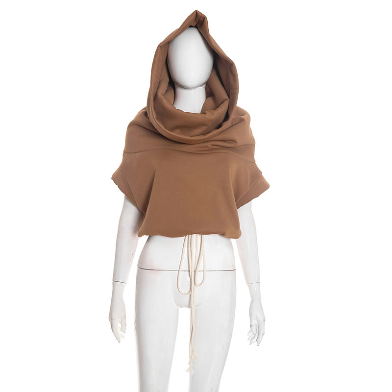 Womens Casual Oversized Collar Sleeveless Drawstring Hooded Sweatshirt