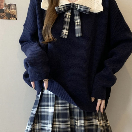 Doll Collar Knitted Sweater Women's Short Warm