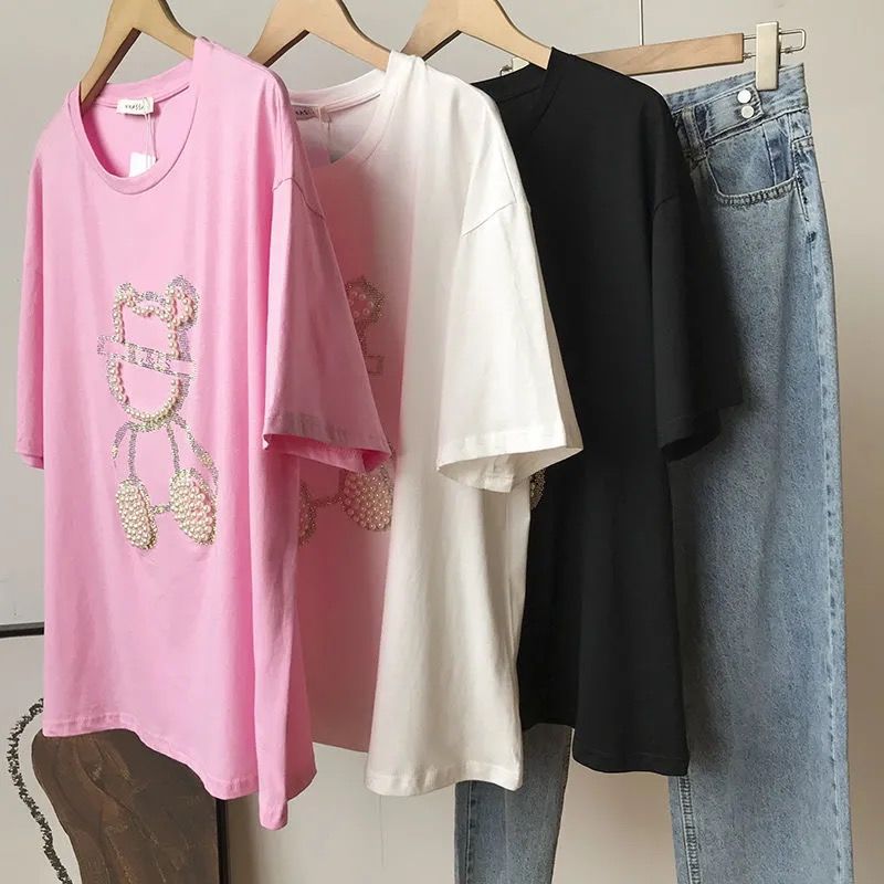 Heavy Industry Hot Drill Bead Short-sleeved Bear T-shirt Women