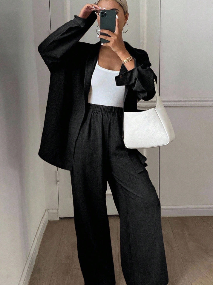 Loose Profile Long Sleeve Shirt High Waist Drooping Wide Leg Pants Two-piece Set