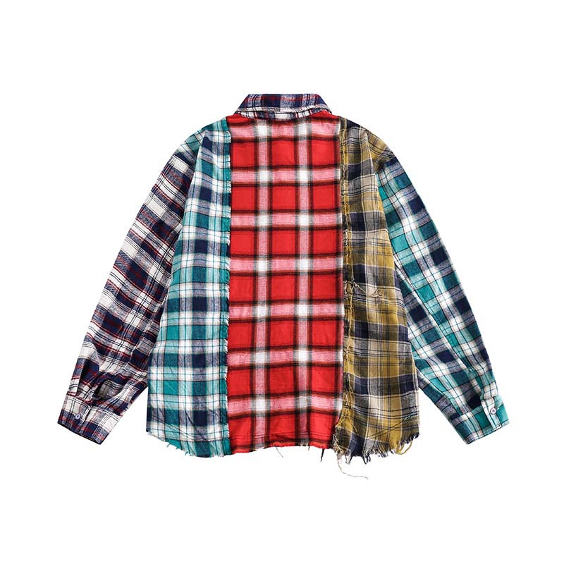 Multi-color Mosaic Plaid Fringed Hem Long Sleeve Shirt Men