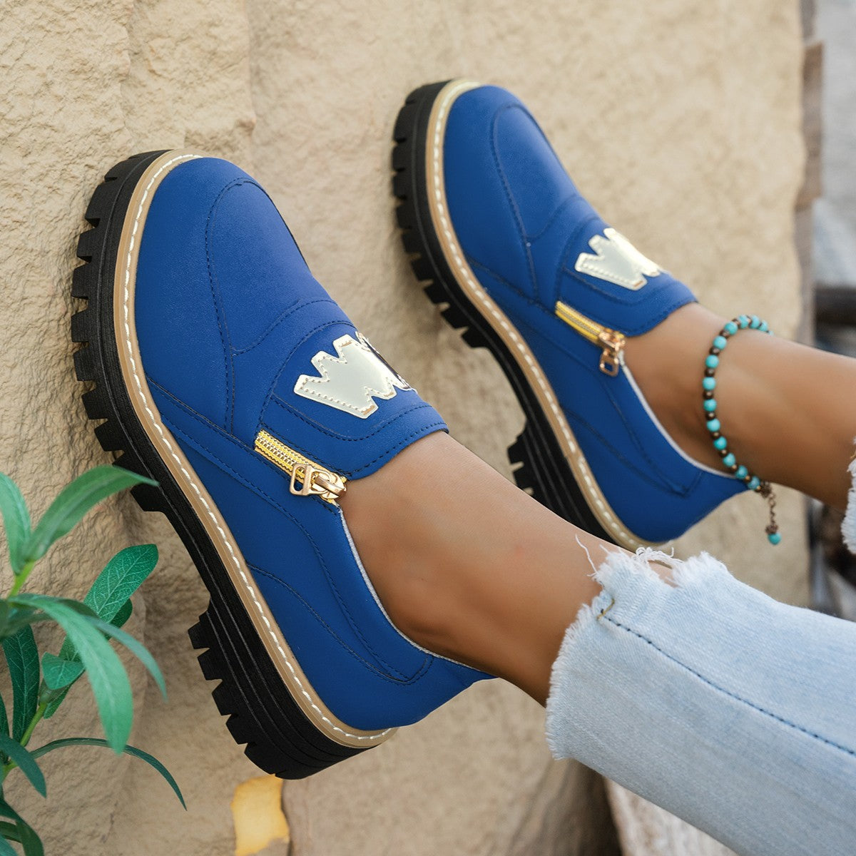 Womens Plus-Size Loafers With Side Zipper And Chunky Platform Sole