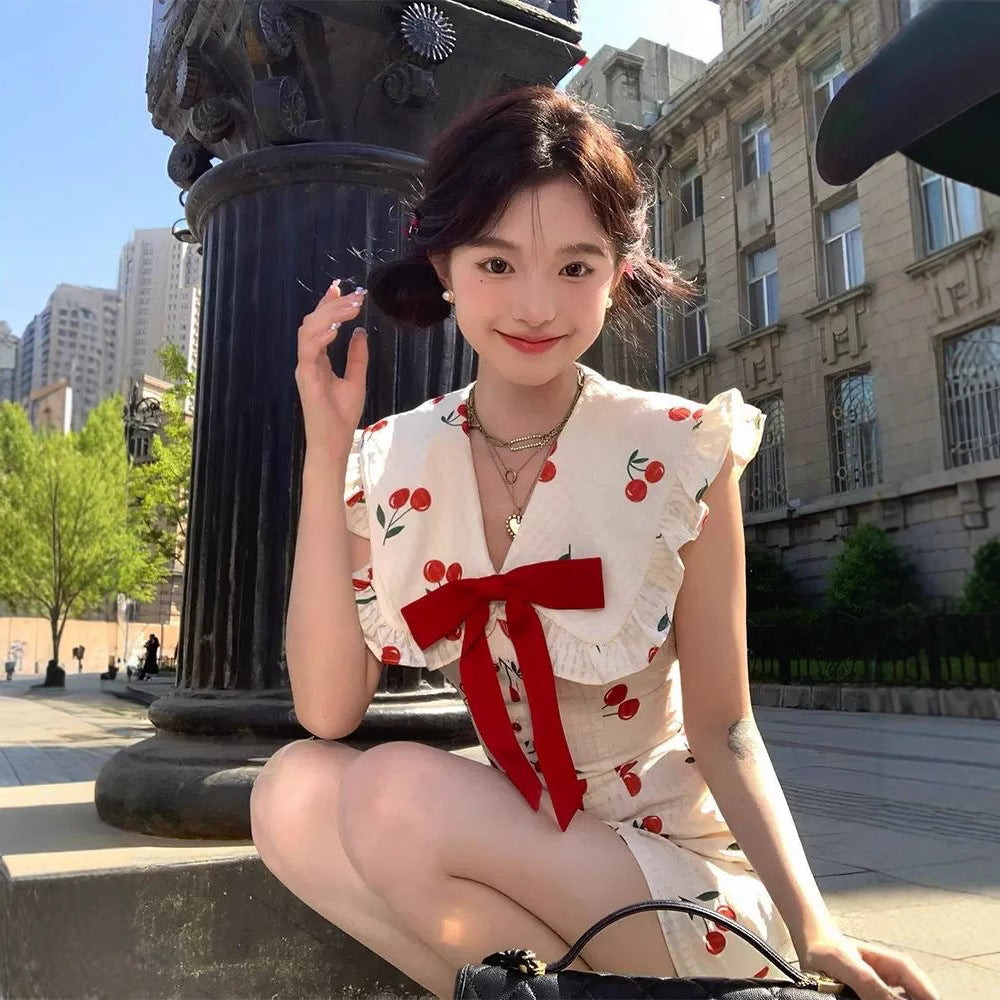 Fitted Slimming Cherry-Print Lapel Dress For Women
