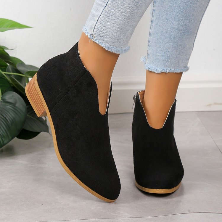 V Cut Chelsea Women's Chunky Heel Pointed Ankle Boots