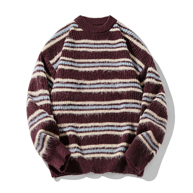 Japanese-style Retro Contrast Color Striped Round Neck Sweater Men's Autumn And Winter