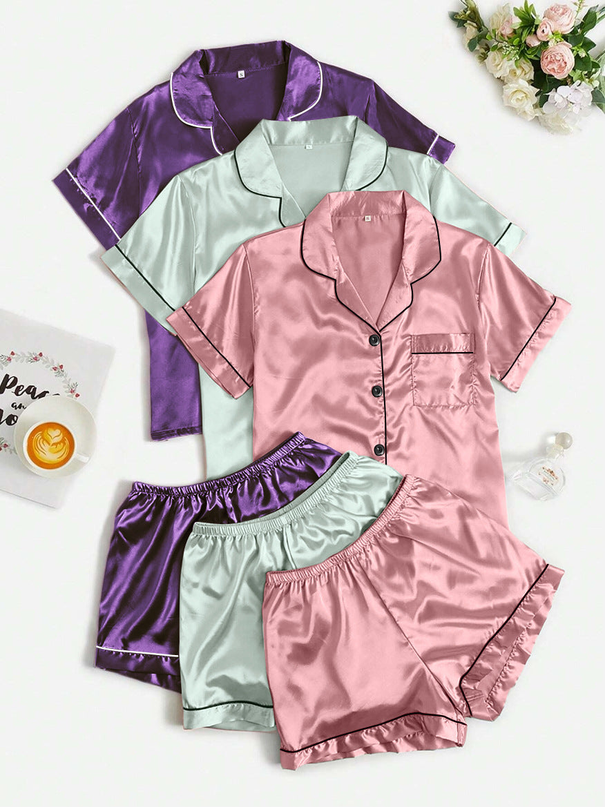 Short-sleeve Satin Three-piece And Six-piece Pajama Sets