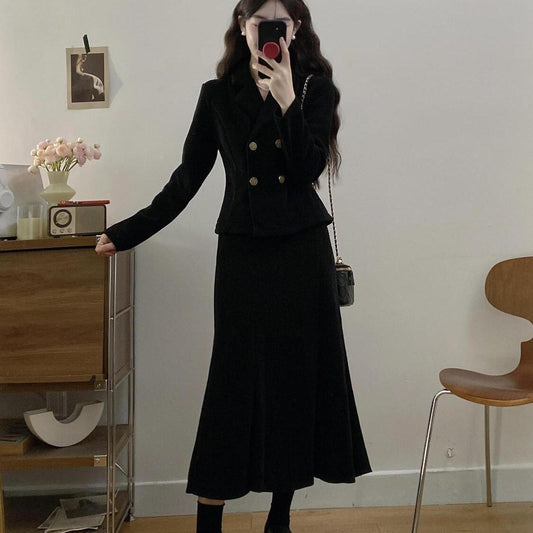 Corduroy Waist-Cinched Jacket And Fishtail Skirt Two-Piece Set For Women