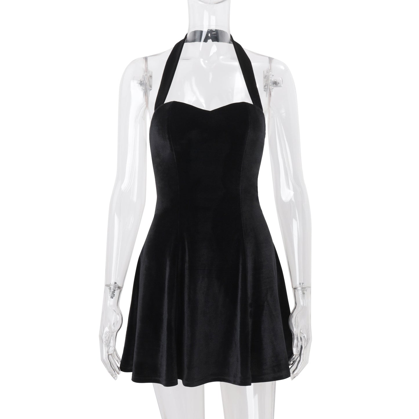 Elegant Velvet Solid-Color Halter Dress
