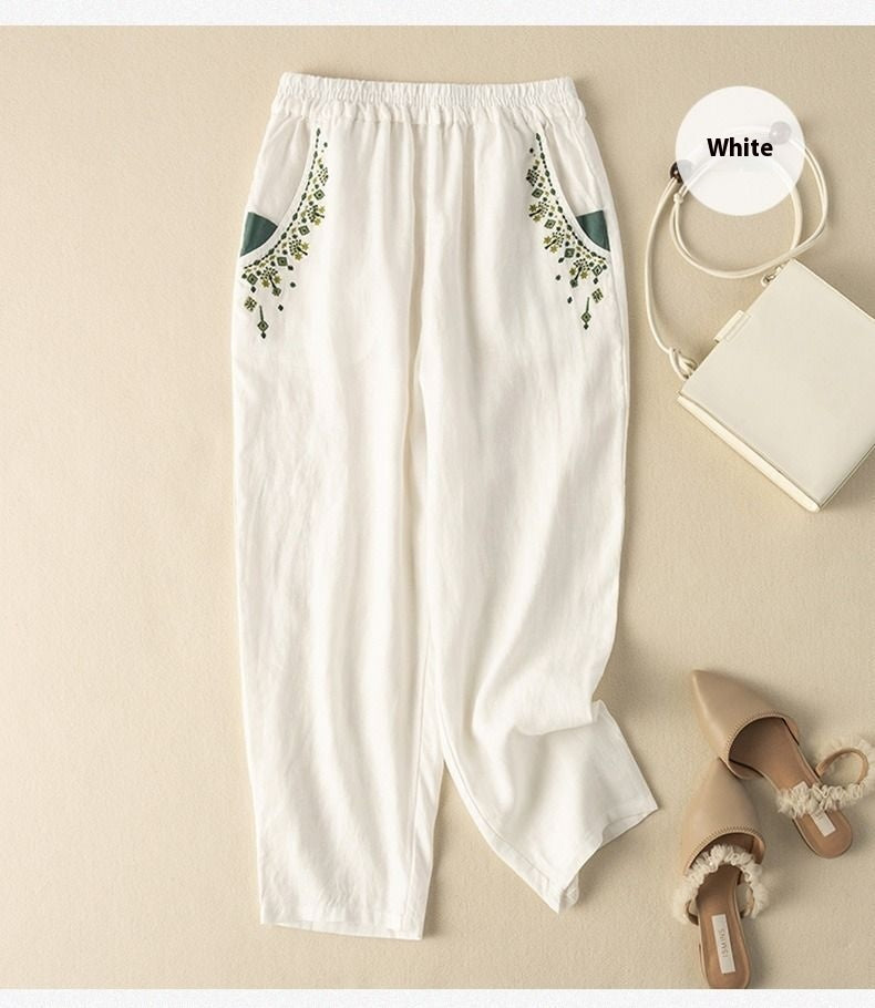 Cotton And Linen Embroidery Baggy Pants Pocket Loose All-matching