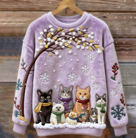 Dame sweatshirt med printet katte julemotiv og rund hals