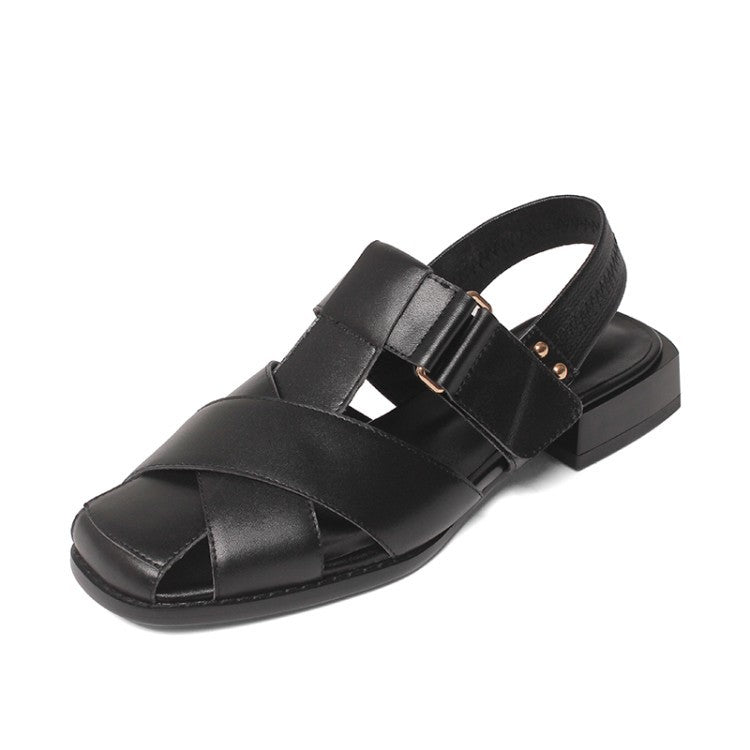 Low-heel Retro Velcro Sandals Thick-heeled Baotou Back Strap Women's Shoes