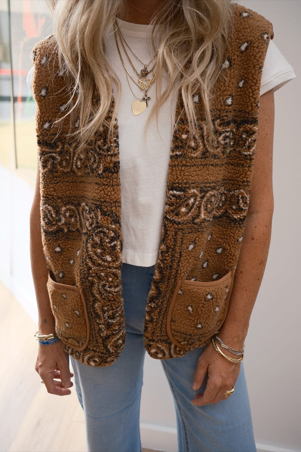 Beige Lambswool Paisley Printed Pocket Western Fashion Camisole Jacket