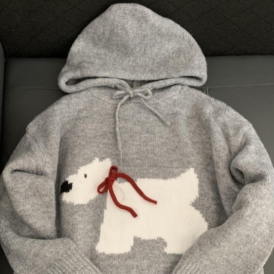 Gray Puppy Hooded Women's New Cute Sweater Autumn Winter