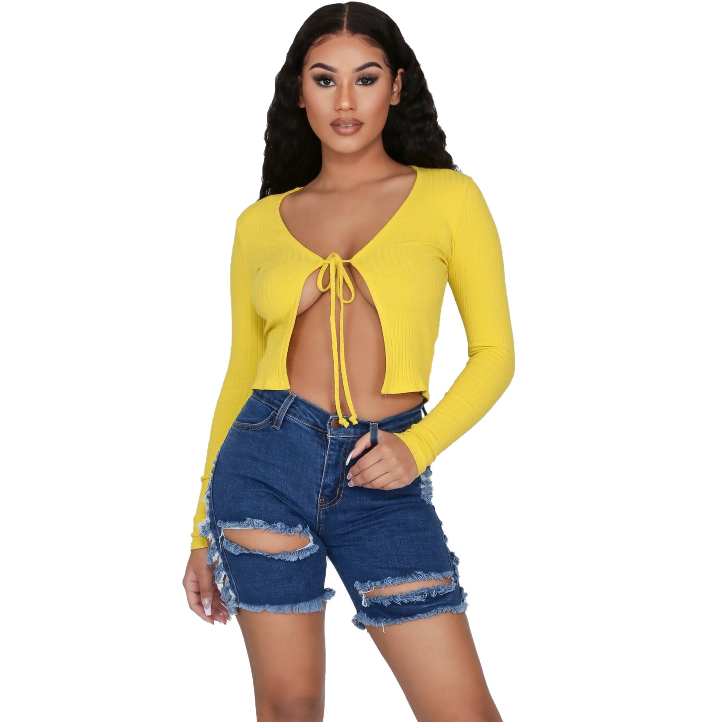 Hand-worn high waist denim shorts