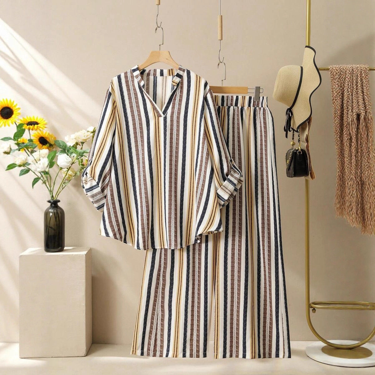 Striped Printed V-neck Suit For Women