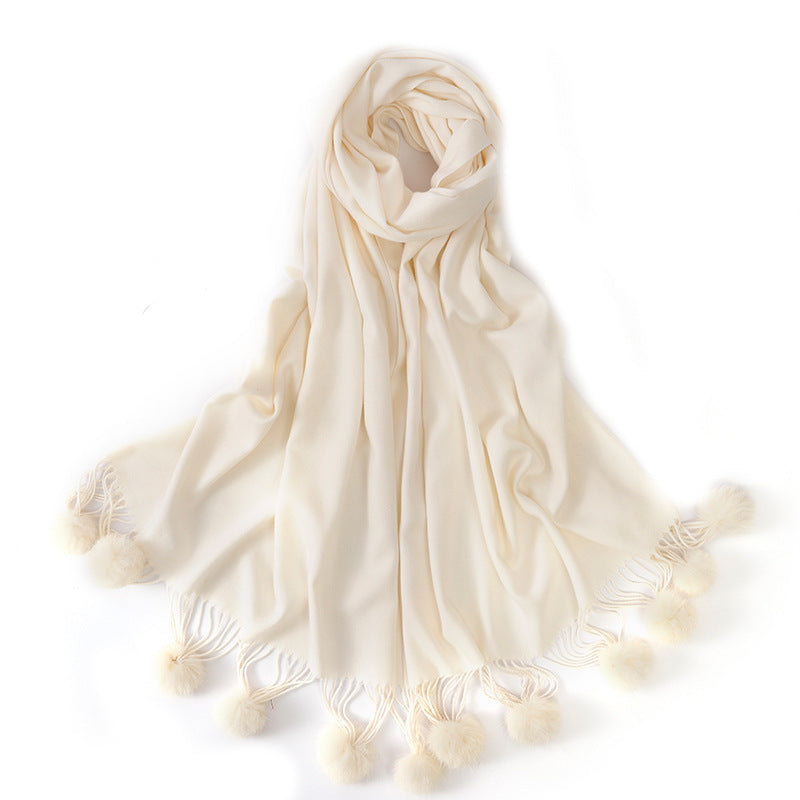 Pure color rabbit fur ball cashmere scarf