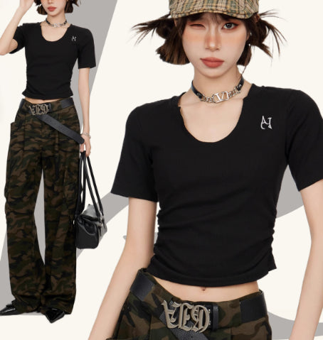 Black Shoulder Short Sleeve Girls Summer Tight Waist Design Sense