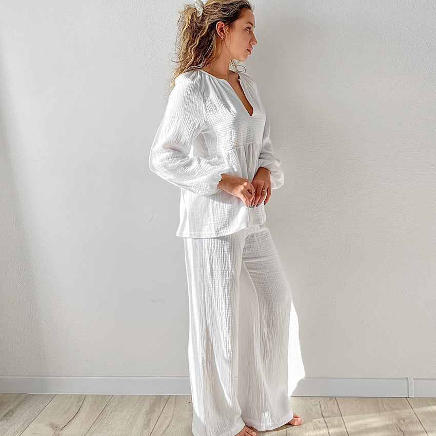 Pure Cotton Comfortable Casual Pajamas Autumn Womens Long-Sleeve Pants Loungewear