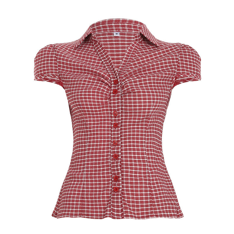 British Style Wooden Ear V-neck Plaid Shirt Elegant Waist Button Puff Sleeve Top