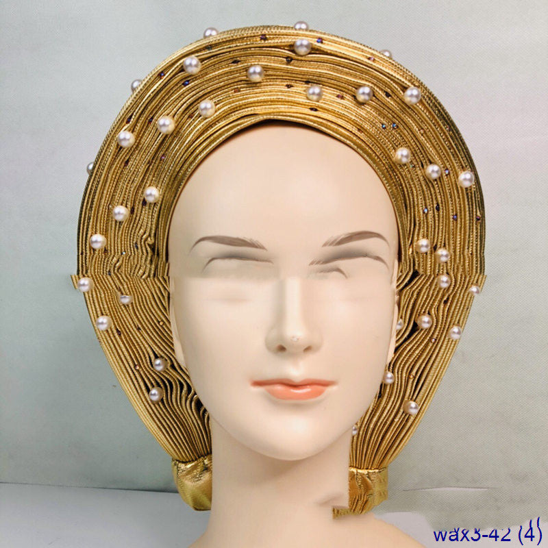 Arabian Large Pearl Women's Jacquard Pleated Braided Turban