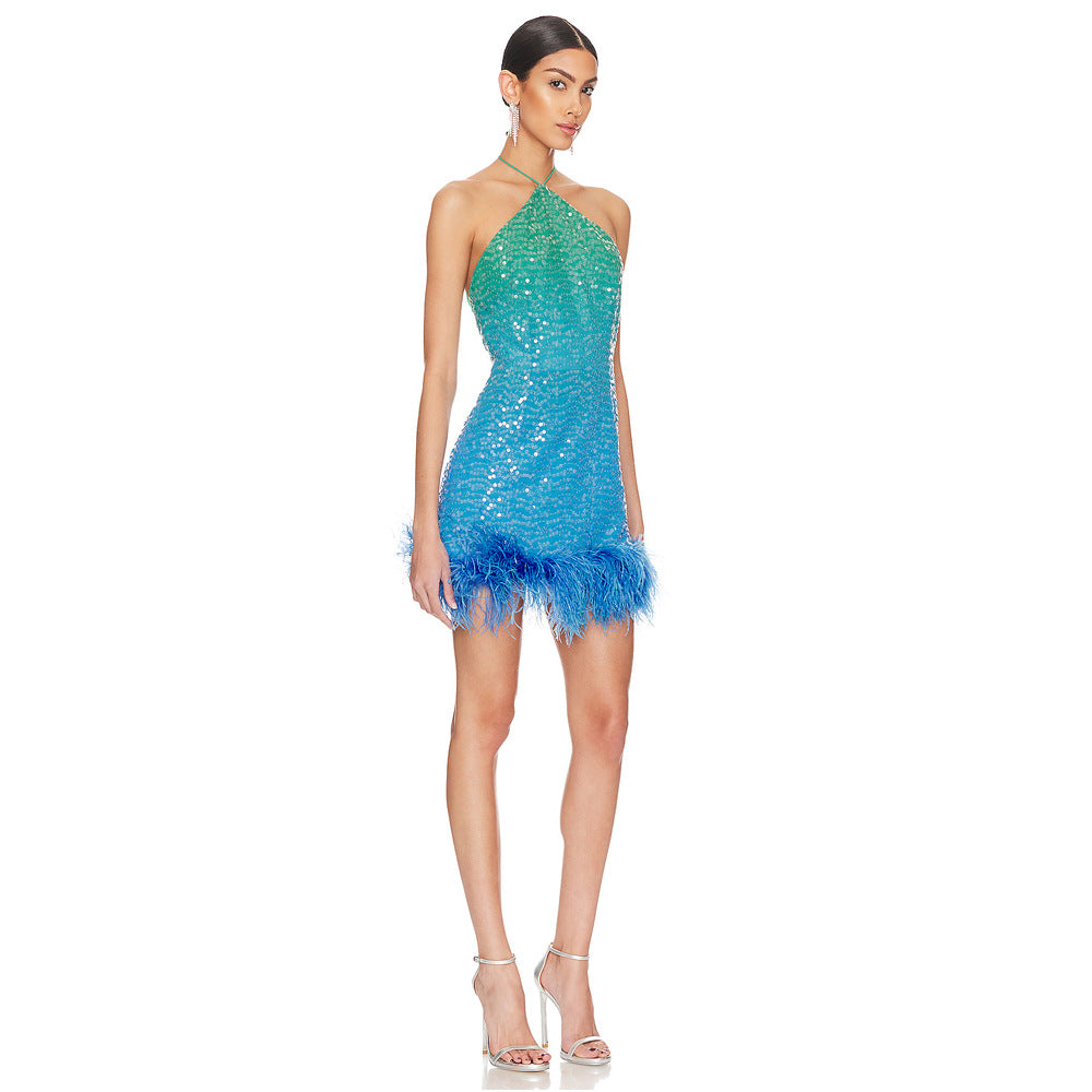 Women's Fashion French Sequined Suspender Feather Dress