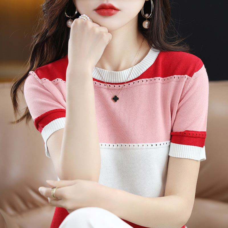 Round Neck Multicolor Hollow Loose Slimming Cotton Pullover Knitting Half Sleeve