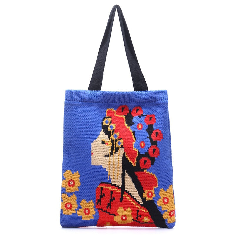 Peking Opera Facial Makeup Vintage Wool Knitted Bag Large Capacity Shopping Bag Shoulder Handbag