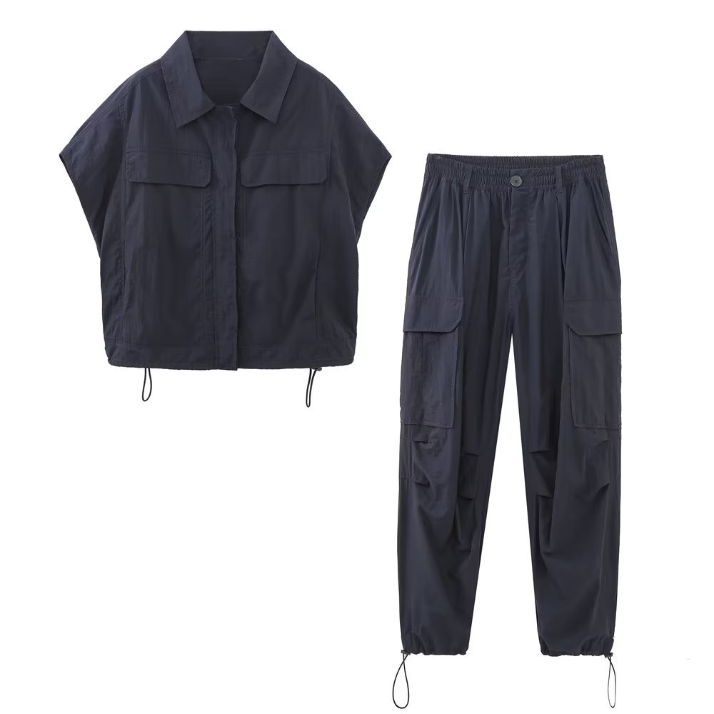 Lapel Short Sleeve Shirt Elastic Waist Casual Pants Suit