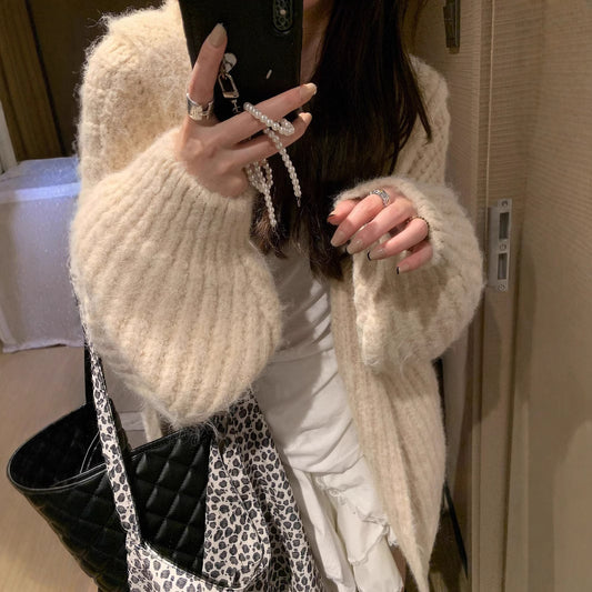 Retro Maillard Hooded Sweater Cardigan For Women