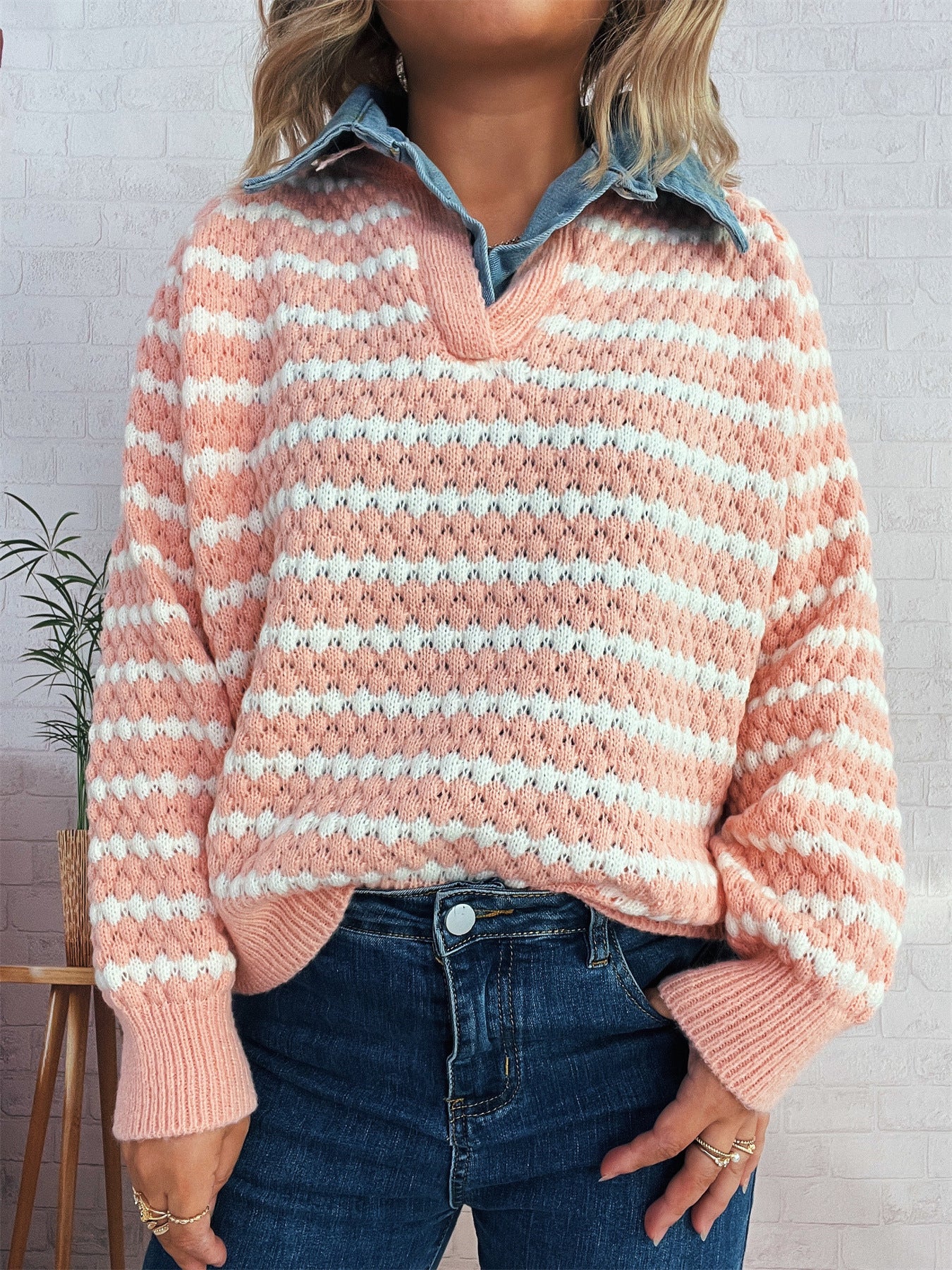 Women's Denim Patchwork Lapel Knitted Stripe Color Block Fake Two-piece Sweater