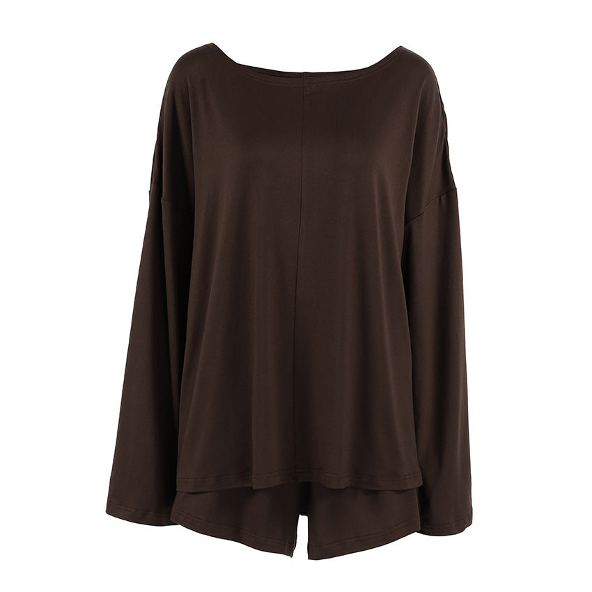 Milk Silk Crew-Neck Knitted Long-Sleeve Shorts Set Casual Loungewear