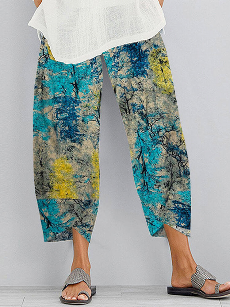 Cotton and linen printed cropped trousers