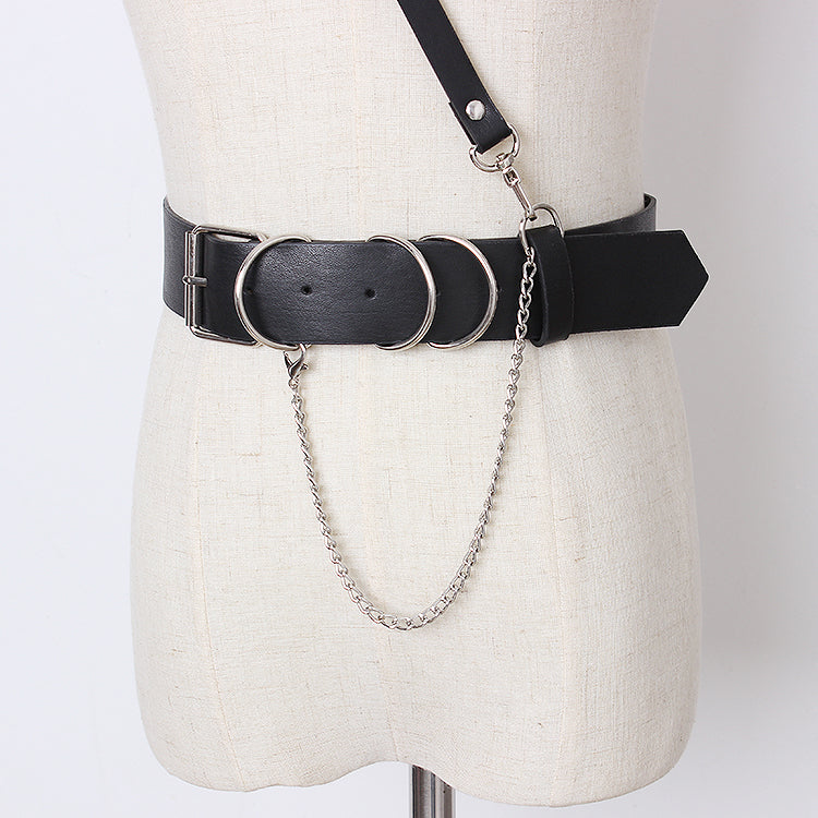 Concave shape black strap leather chain