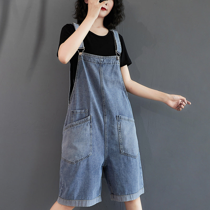 Women's Retro Denim Five Pants Loose Overalls Shorts
