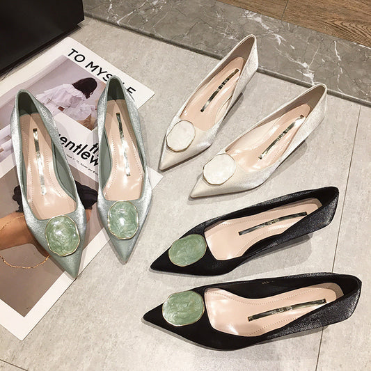 All-match Mid-heel Pointed Shallow Mouth Silk Women's Shoes
