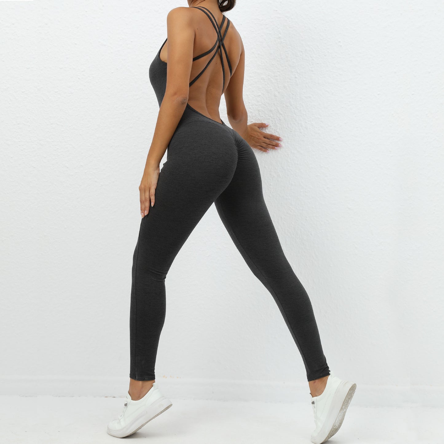 Yogajumpsuit med krydsrem-rygdesign Hurtigtørrende tætsiddende løbe- og sportsfitnessbukser Moderigtige sømløse leggings til kvinders tøj
