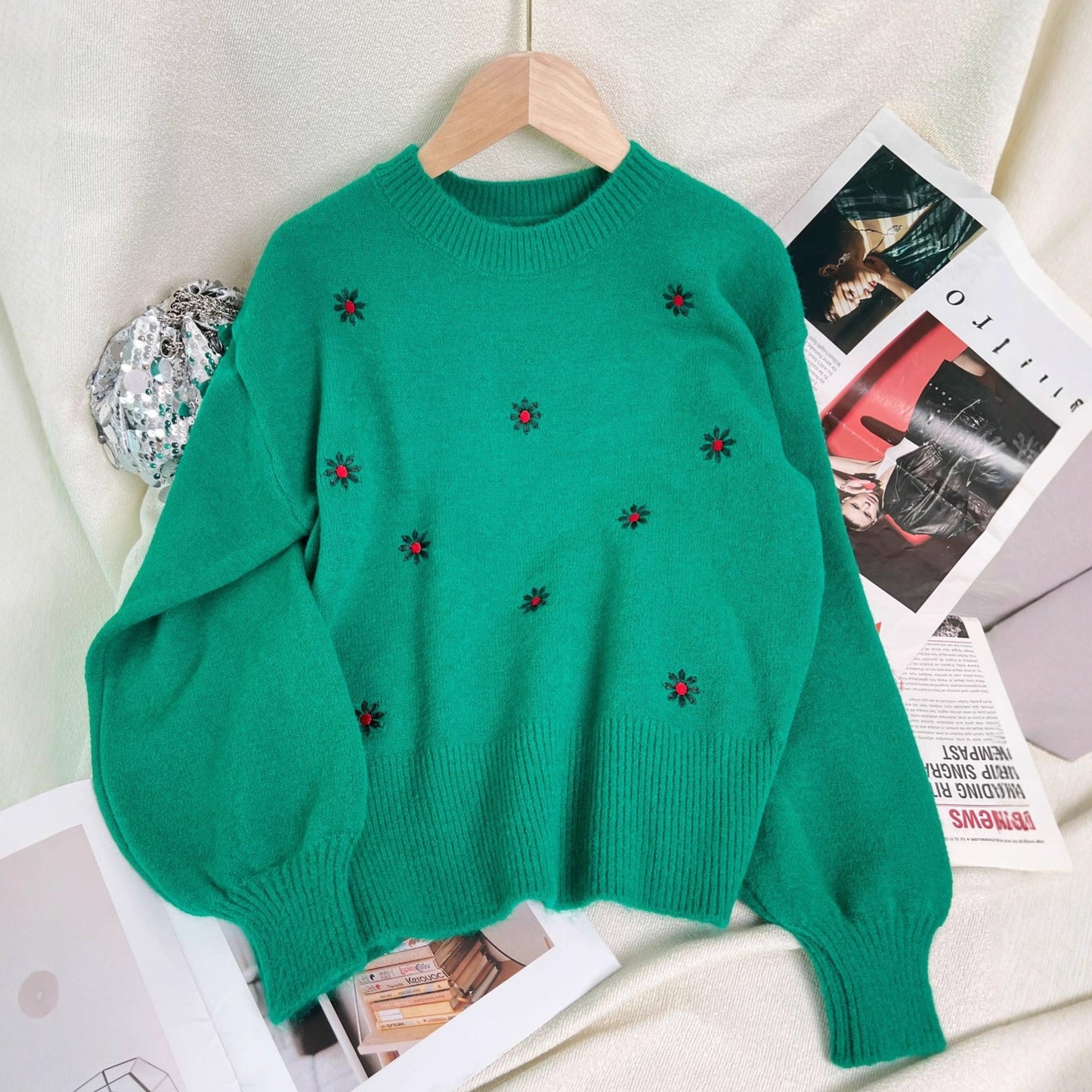 Women's Casual Embroidered Flower Sweater