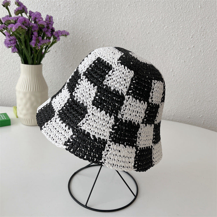 Checkerboard Plaid Coarse Wool Knitted Fisherman Hat Handmade For Women