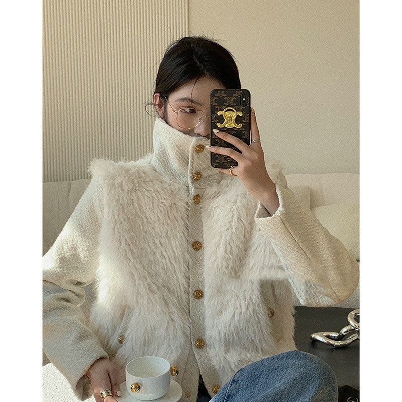 Temperament Small Fragrant Gold Buckle Tweed Faux Fur Coat