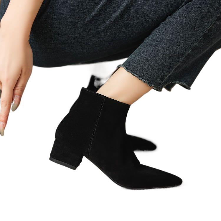 Women's Matte Suede Chunky-Heel Ankle Boots With Pointed Toe And Side Zipper
