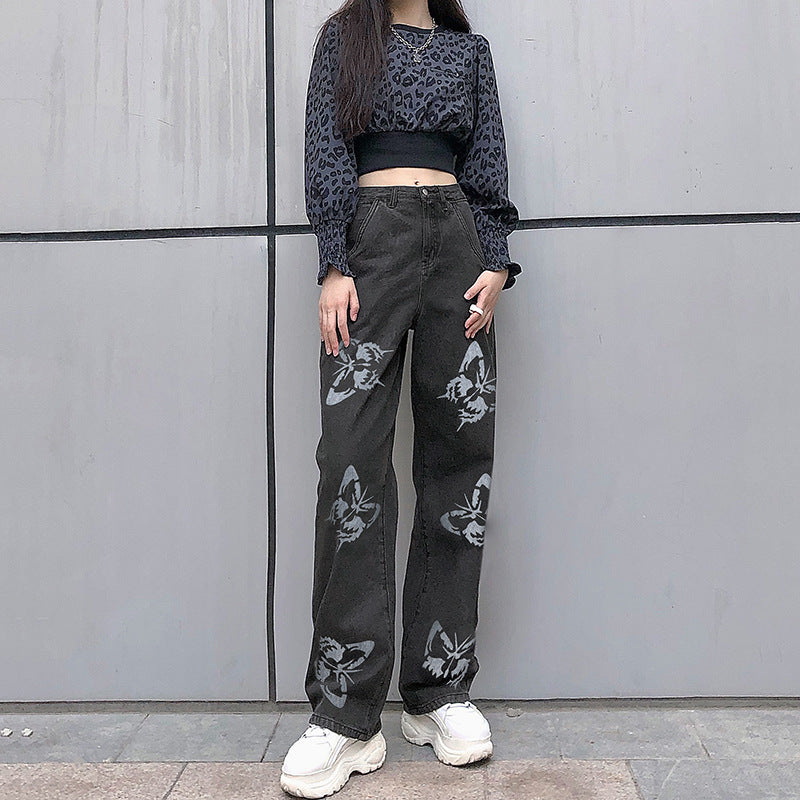 Fashion Straight-leg Butterfly Denim Trousers