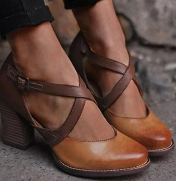 High Heel Pointed Toe Belt Buckle Thick Shoes