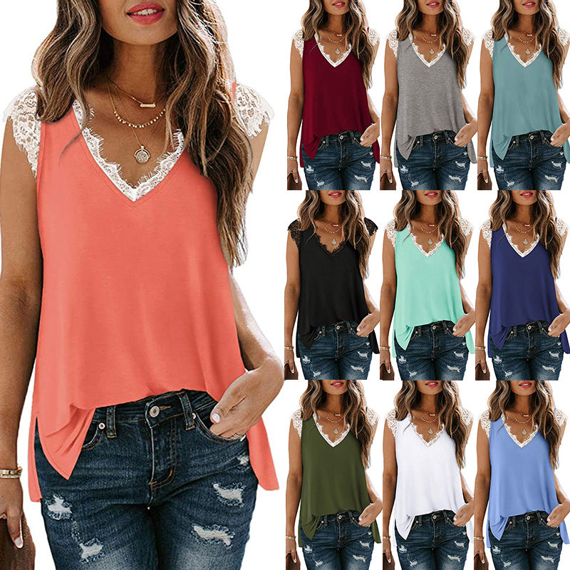 European And American New Lace Vest Loose Casual Slit T-shirt