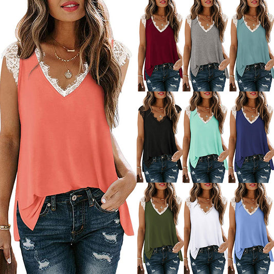 European And American New Lace Vest Loose Casual Slit T-shirt