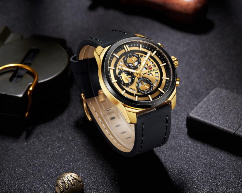 Ling Xiang NAVIFORCE new men's three-needle hollow design leather strap waterproof sports watch