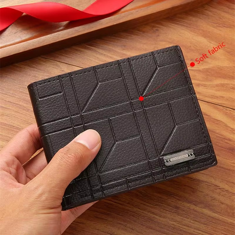 New Brand Men'S Wallet Men'S Short Wallet Youth Fashion Plaid Horizontal Soft Leather Wallet Large Capacity Multi Card Wallet