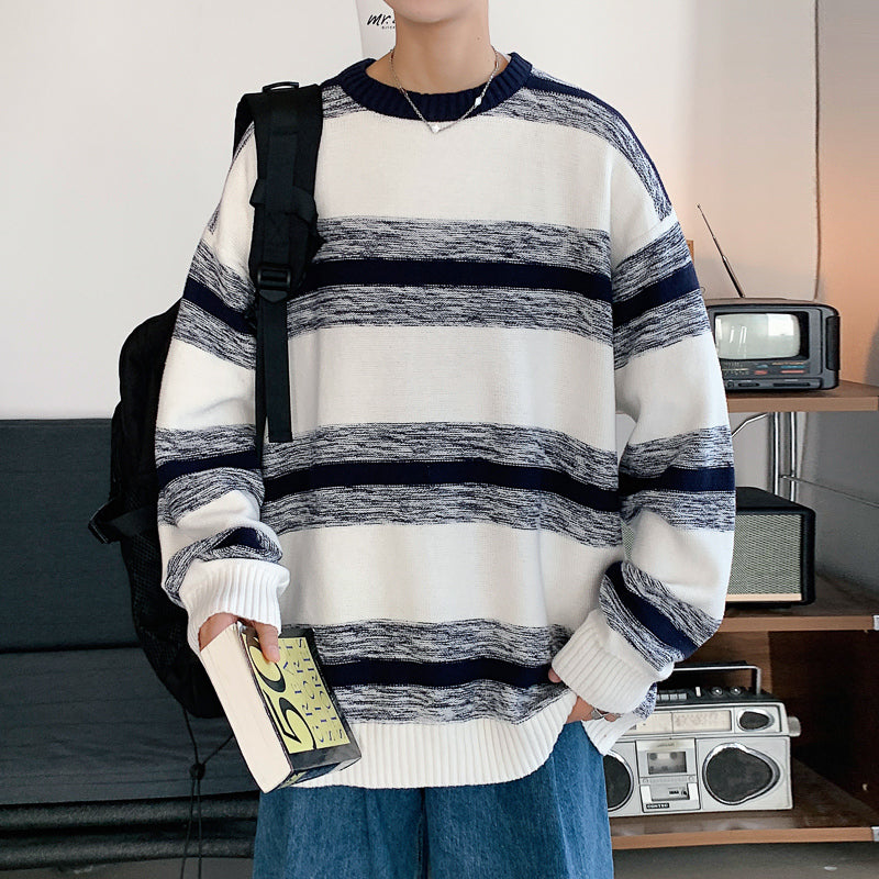 Striped Sweater New Round Neck Tide Lazy Hong Kong Style Sweater Jacket Men