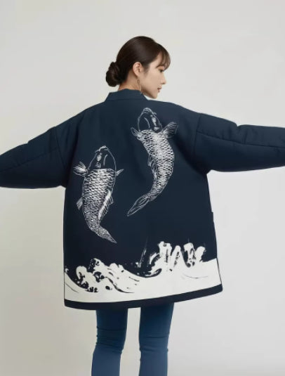 Gentle Breeze Half-Wrapped Pure Cotton Home Wear With Koi Print Quilted For Warmth