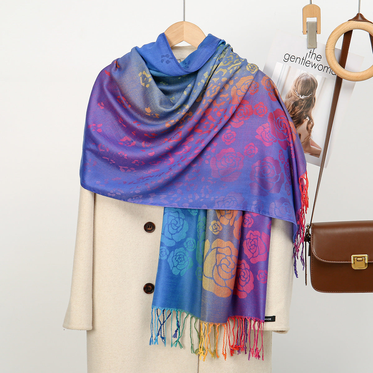 Womens Ethnic-Style Gradient Embroidered Colorful Cashew Tassel Shawl