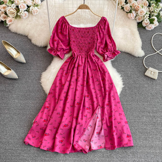 Bubble Short Sleeve Waist Wrapped Slim Split Dress